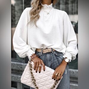 Textured White Mock Neck Long-Sleeve Women's Blouse